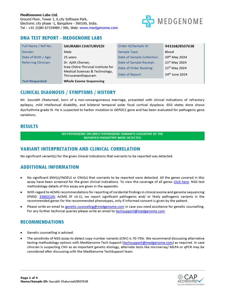 DNA Test Report for Saurabh Chaturvedi | PDF | Dna Sequencing | Genetic ...