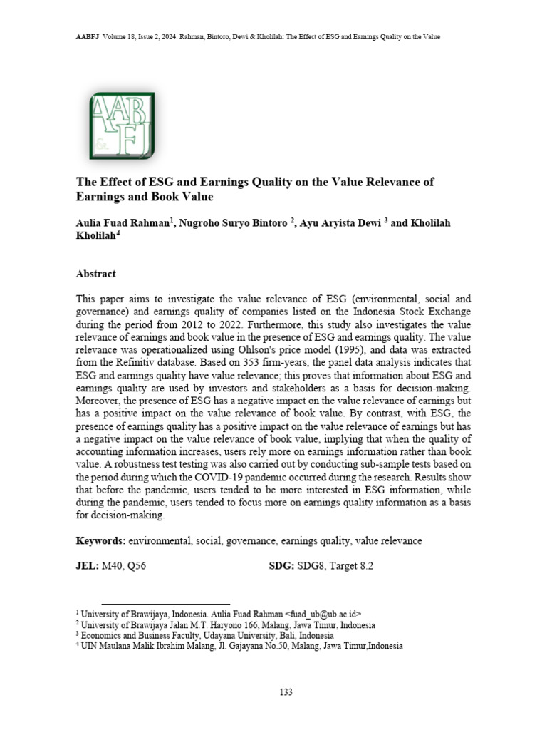 ESG and Earnings Quality Impact on Value | PDF | Sustainability | Stocks