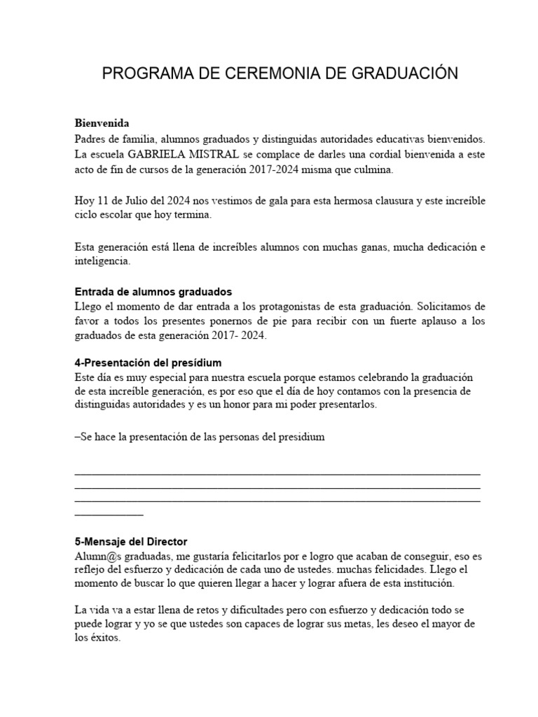 Programa de Ceremonia de Graduación 2024 | PDF | Crecimiento personal y ...