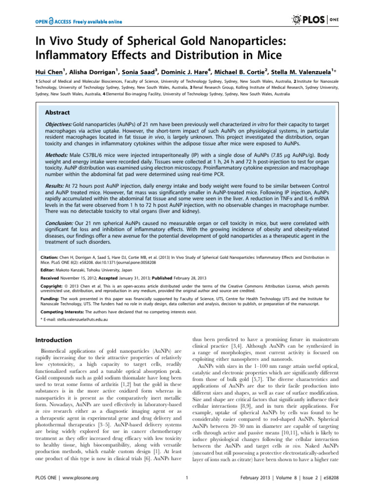 In Vivo Study of Spherical Gold Nanopart | PDF | Adipose Tissue ...