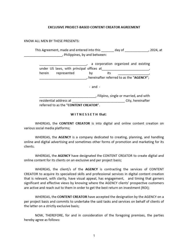 Exclusive Content Creator Agreement | PDF | Employment | Legal Liability