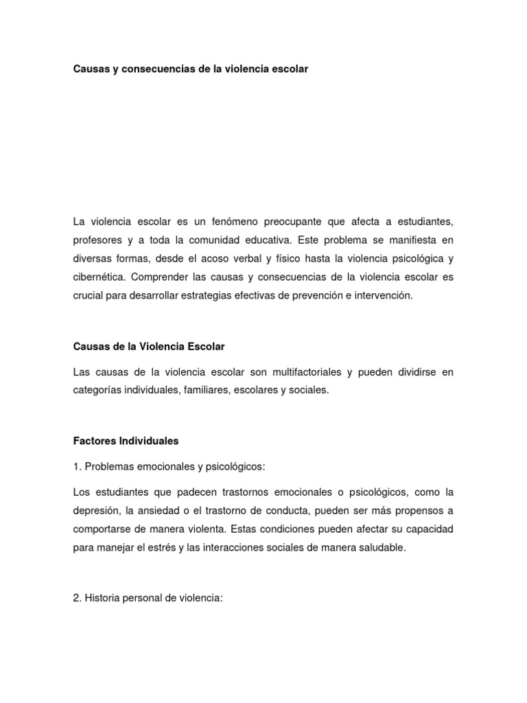 Causas y Consecuencias de La Violencia Escolar | PDF | Violencia ...