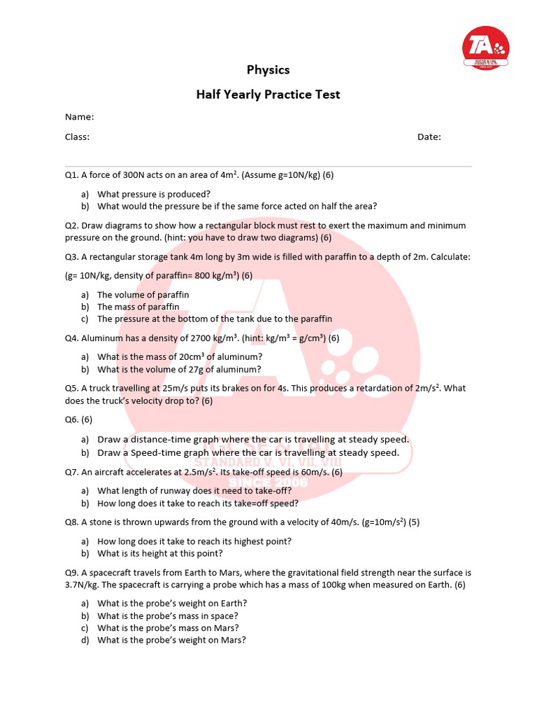 Physics Half Yearly Practice Test | PDF | Force | Mass