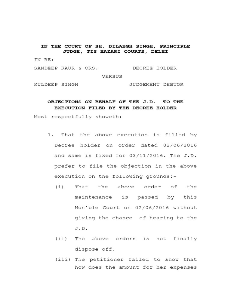 Objections to Execution by Judgment Debtor | PDF | Judgment (Law ...