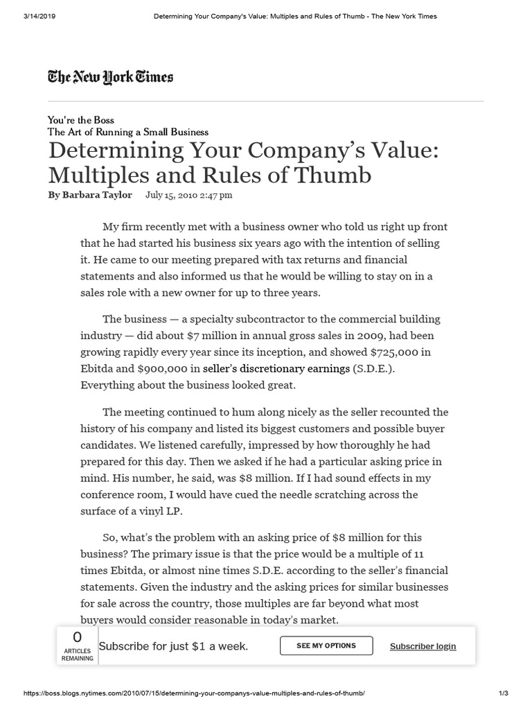Determining your company s value multiples and rules of thumb 2010
