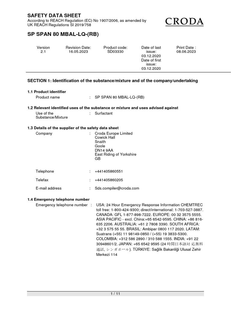 CRODA Safety Data Sheet SPAN 80 | PDF | Dangerous Goods | Toxicity
