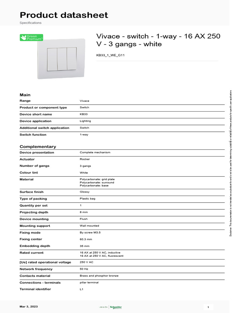 SCHNEIDER Vivace 16AX 3 Gang 1-Way Switch - KB33 1 WE G11 KB33 1 AS G11 ...