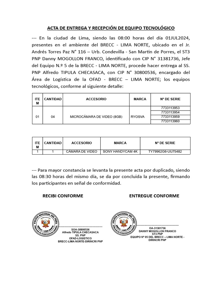 Acta de Entrega de Equipos Tecnológicos | PDF