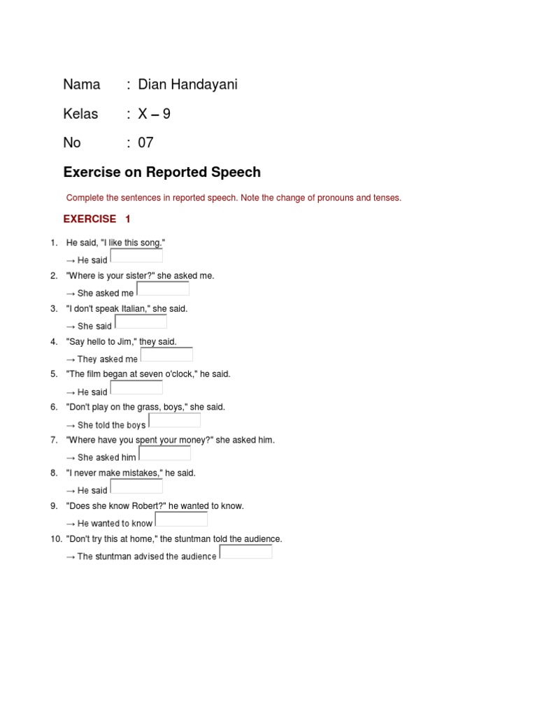 Exercise On Reported Speech | PDF | Syntax | Linguistics