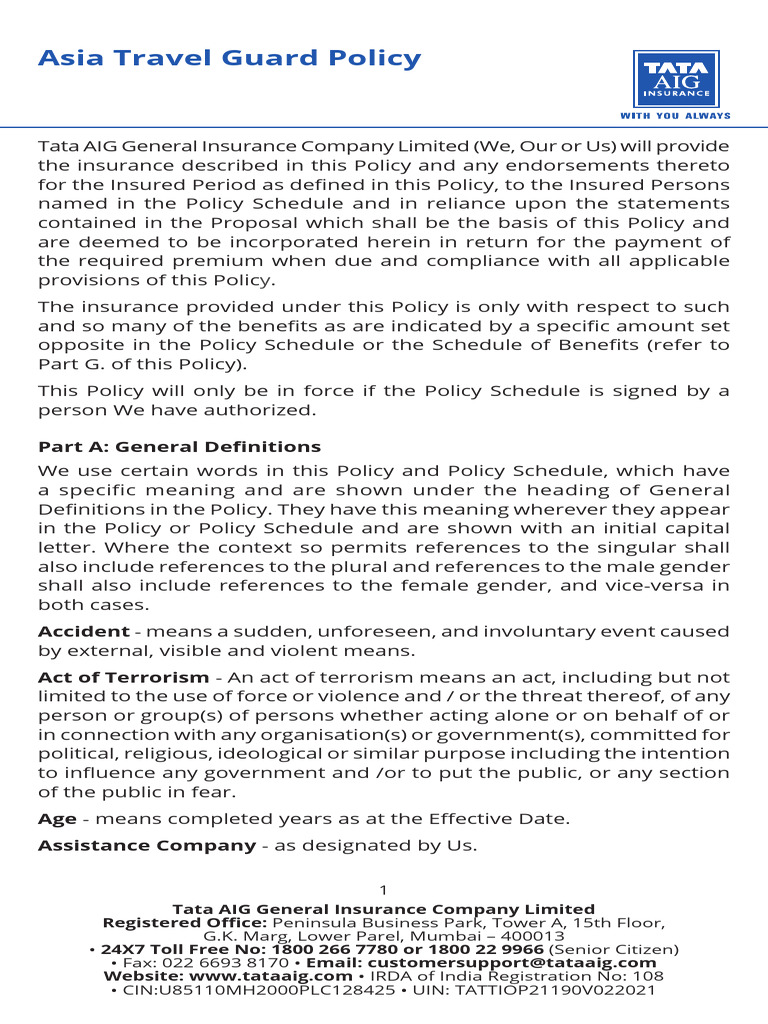 Tata AIG Asia Travel Guard Policy | PDF | Insurance | Deductible