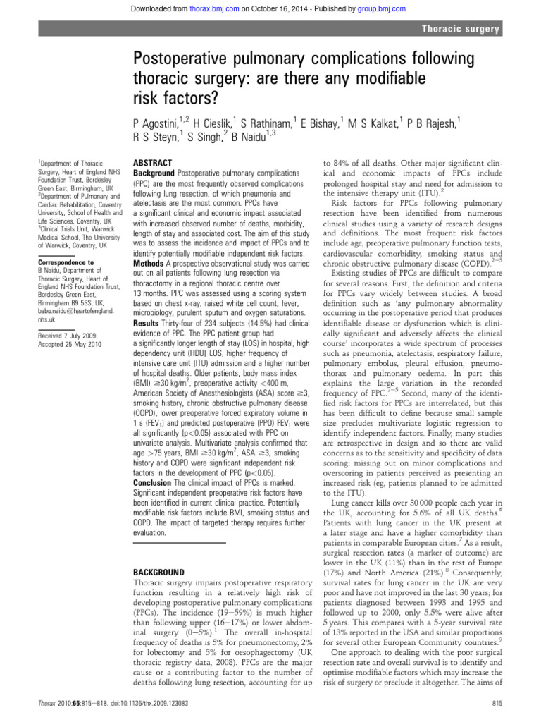 Postoperative Pulmonary Complications Following Thoracic Surgery Are ...