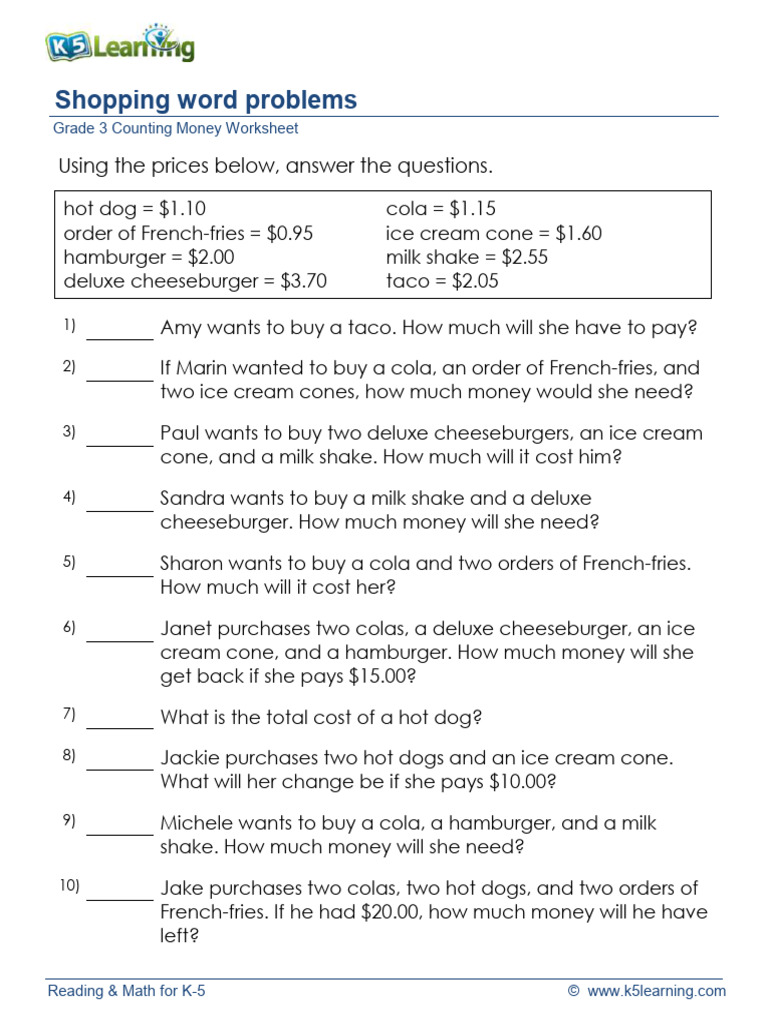 Grade 3 Money Word Problems Worksheet | PDF | Fast Food | Foods