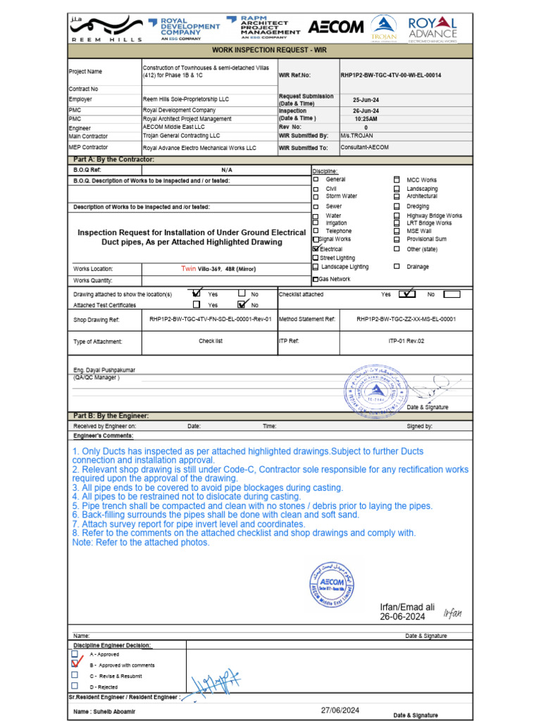 Inspection Request For Installation of Under Ground Electrical Duct ...