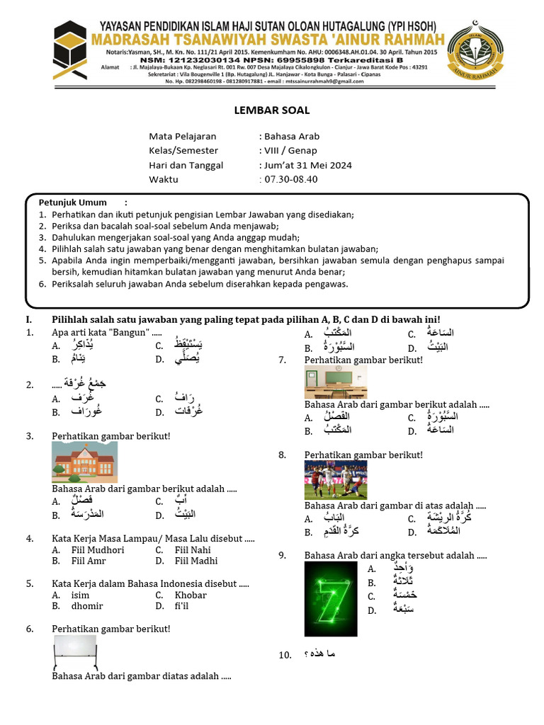 Soal Bahasa Arab Kelas VIII Semester Genap | PDF