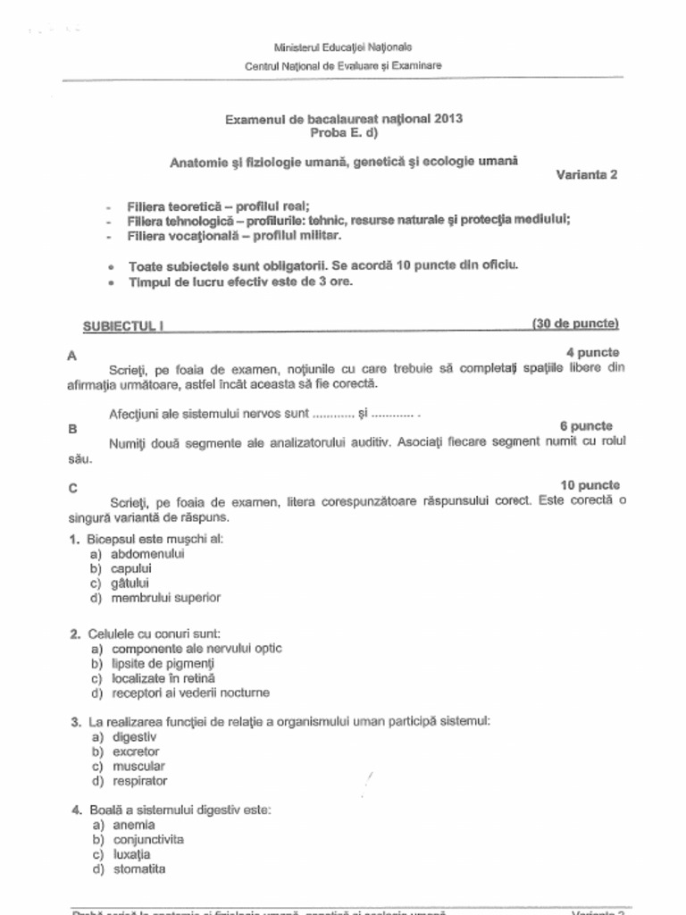 Anatomie Subiecte Bac 2013 | PDF