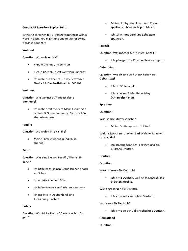Goethe A2 Sprechen Topics | PDF