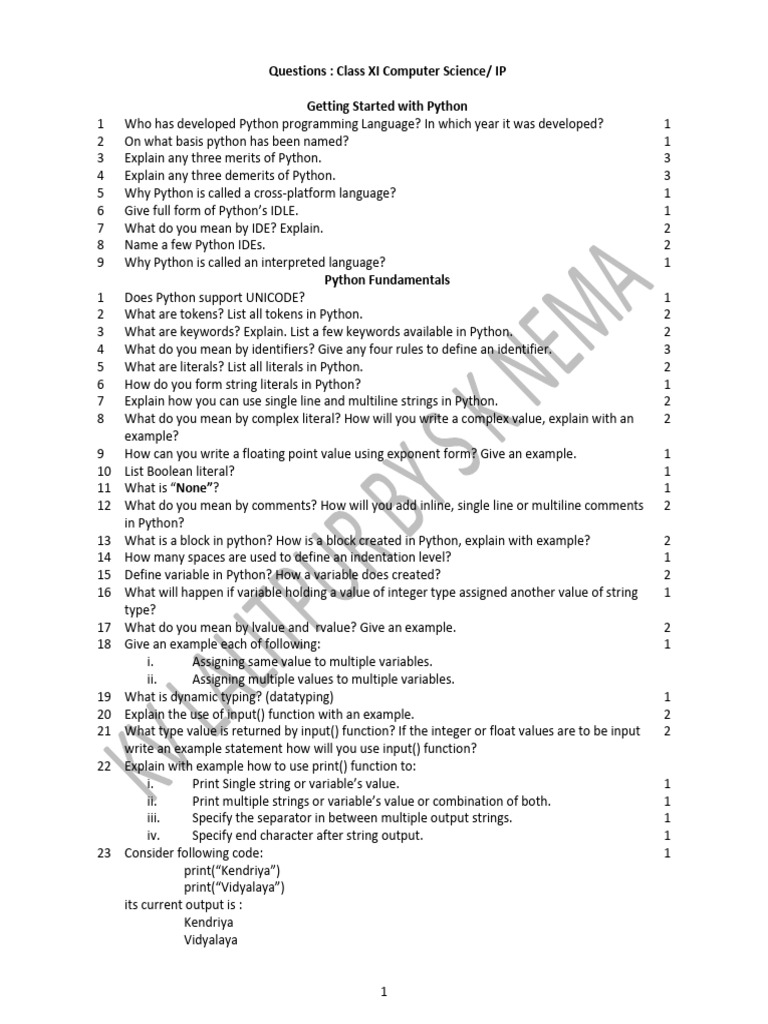 Qustions Class XI - 2019-20 | PDF | Python (Programming Language ...