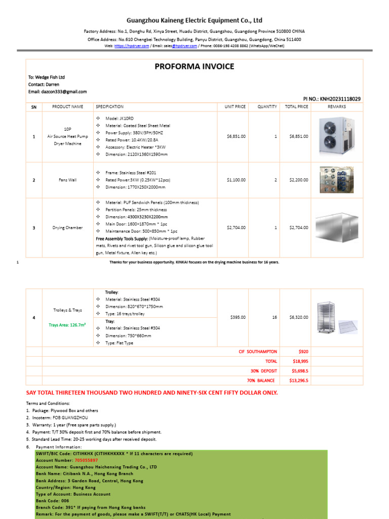 KINKAI Drying Machine Proforma Invoice | PDF