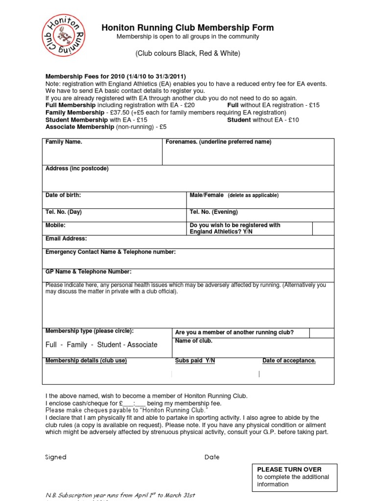 Honiton Running Club Membership Form | PDF | Business