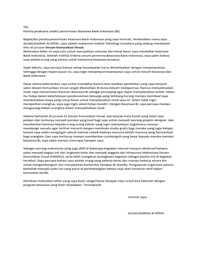 Motivation Letter Beasiswa BI | PDF