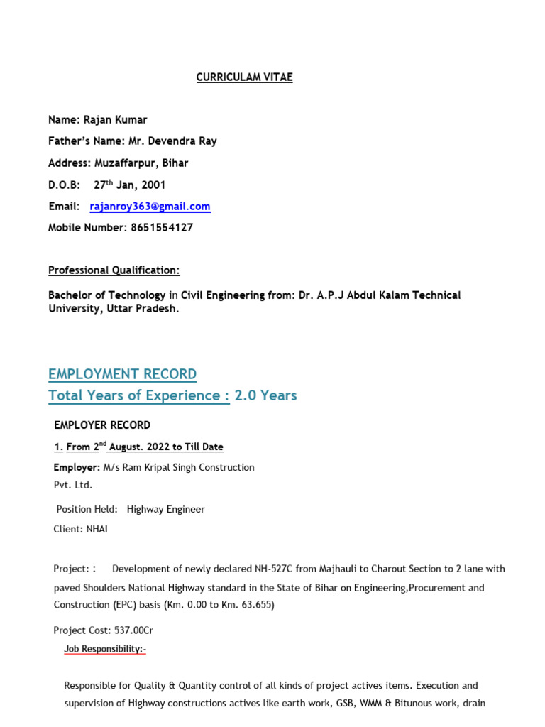Rajan Kumar - Civil Engineer CV | PDF | Technology & Engineering