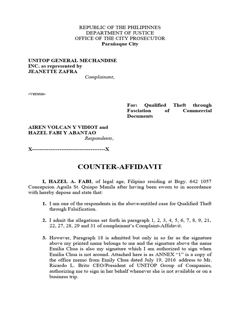 counter affidavit sample PDF Falsifiability Affidavit