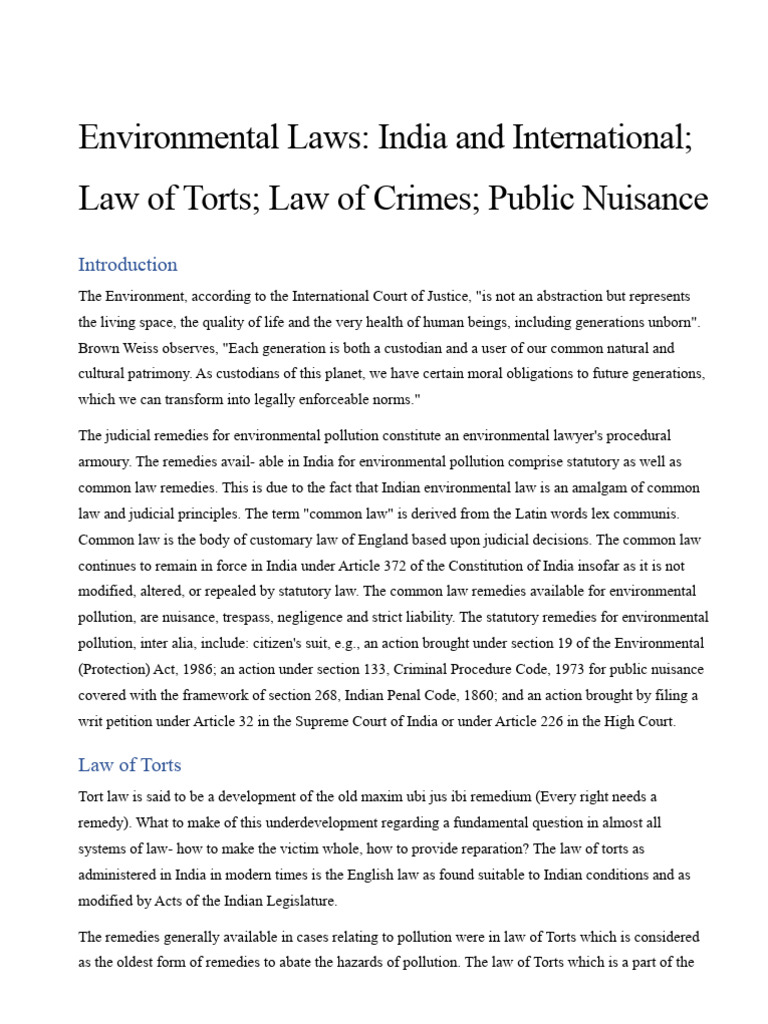 Environmental Laws Tort Crime Nuisance Pdf Nuisance Tort