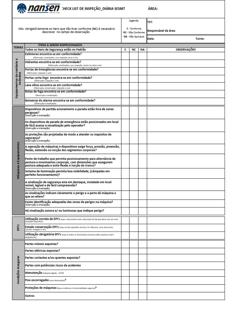 Check List de Inspeção Diária - SESMT | PDF