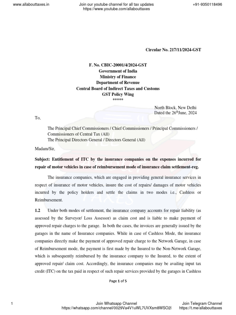 2024 06 26 - Circular No 217 11 2024 | PDF | Insurance | Reimbursement