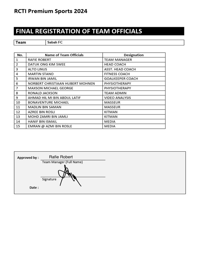 Registration Official Sabah FC-RCTI | PDF