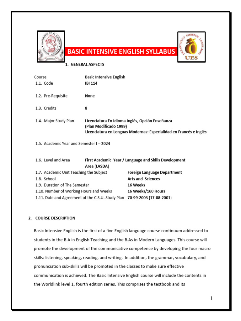 Basic Intensive English Syllabus 2024 | PDF | English Language ...
