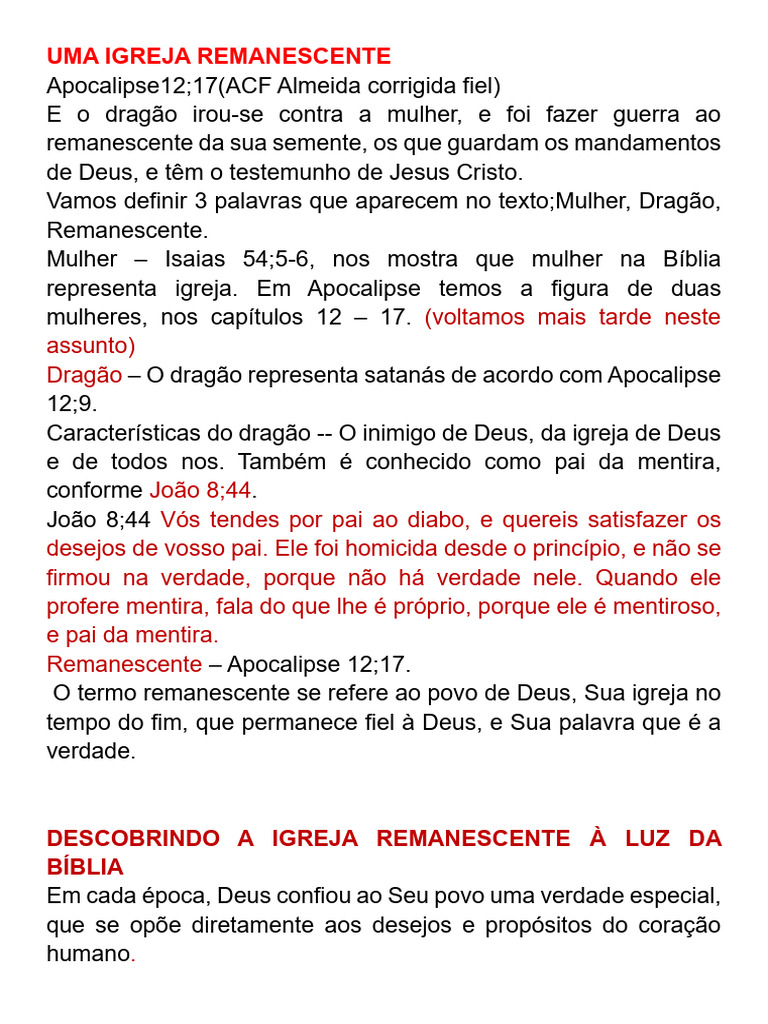 A Igreja Remanescente na Bíblia | PDF | Livro do Apocalipse | Jesus