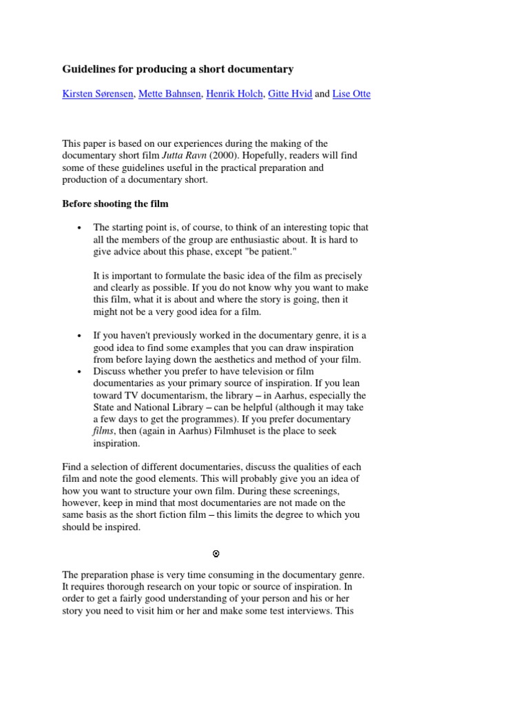 Guidelines for Producing a Short Documentary Documentary Film Narrative