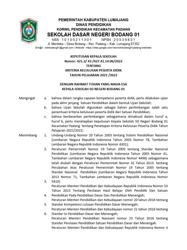 Kriteria Kelulusan SD Bodang 2021/2022 | PDF