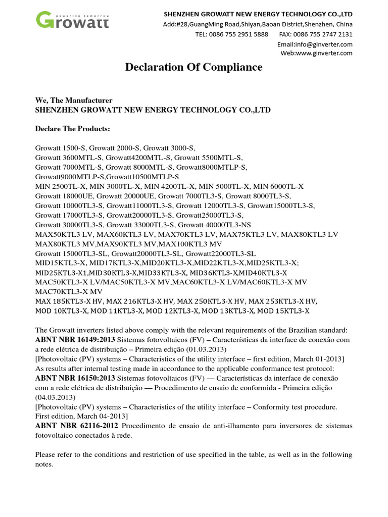 Growatt Inverter Compliance Declaration | PDF | Energy Technology ...