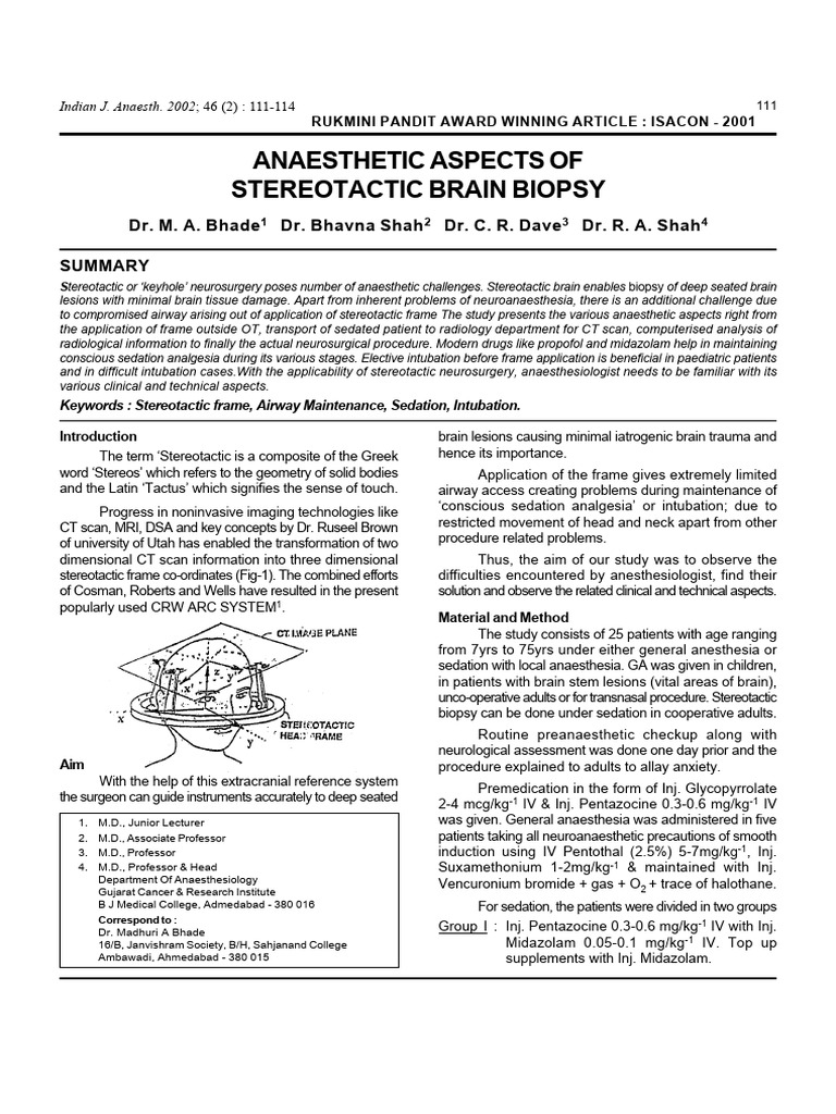 Anaesthetic Aspects of Stereotactic Brain Biopsy | PDF | Anesthesia ...