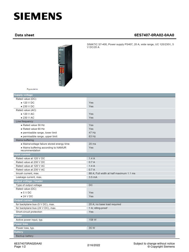 SC 6ES74070RA020AA0 Datasheet | PDF | Alternating Current | Mains ...