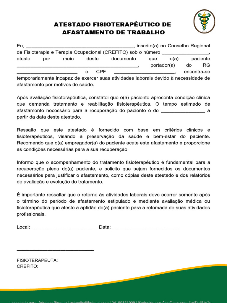 Atestado Fisioterapeutico de Afastamento de Trabalho Imprimir e ...