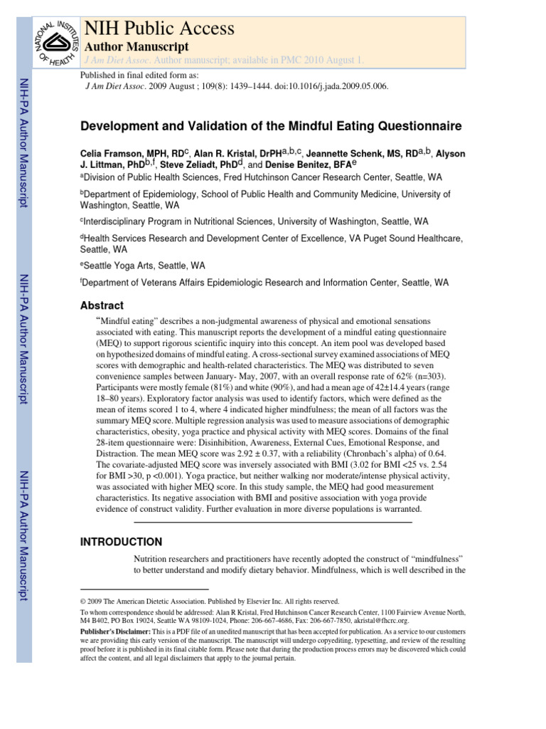Turkish Validation of Mindful Eating Questionnaire | PDF | Cronbach's Alpha