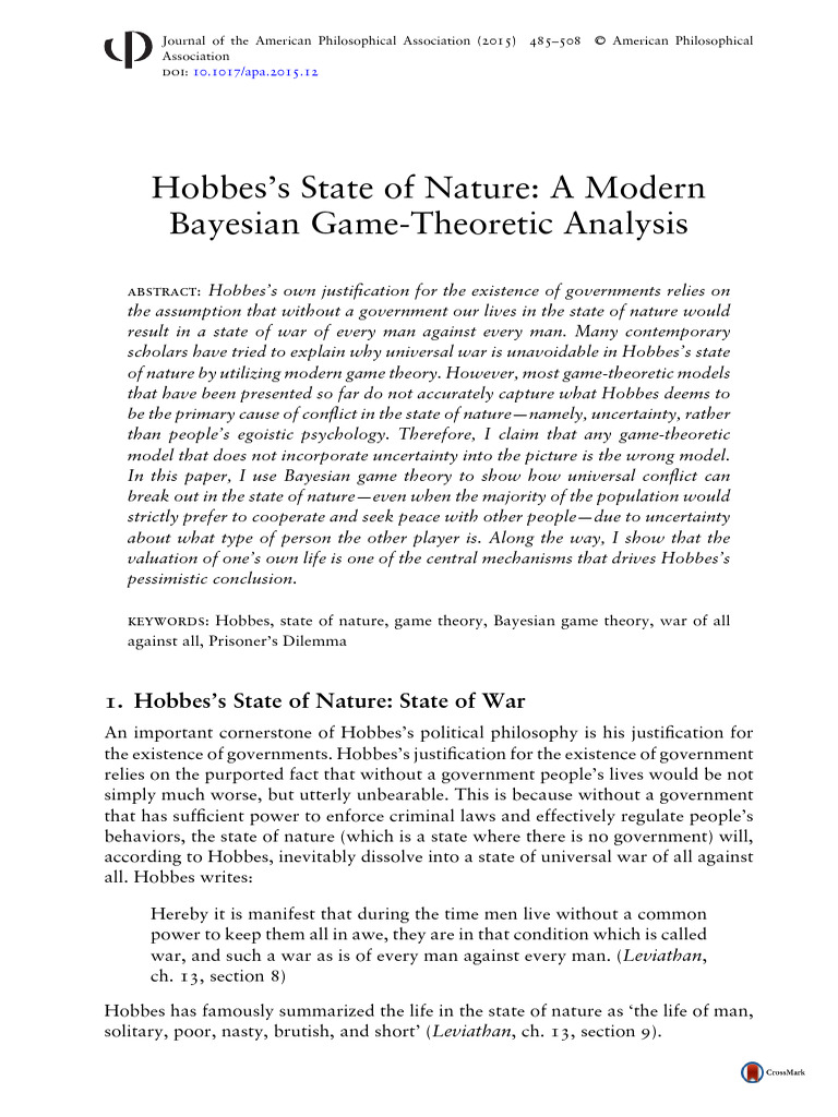 Hobbes s state of nature a modern bayesian game theoretic analysis