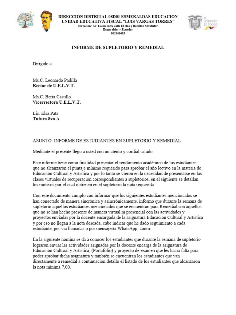 Informe de Supletorio 8vo A - B | PDF