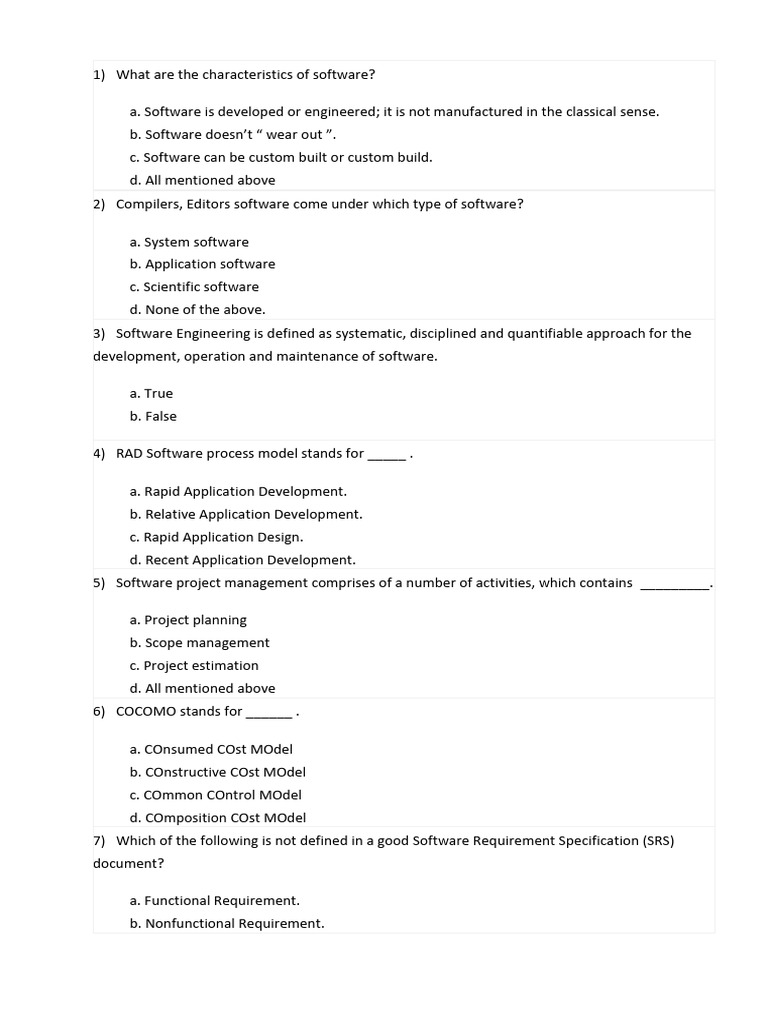Software Engineering Mcq 2 Final With Answers Pdf Software Testing