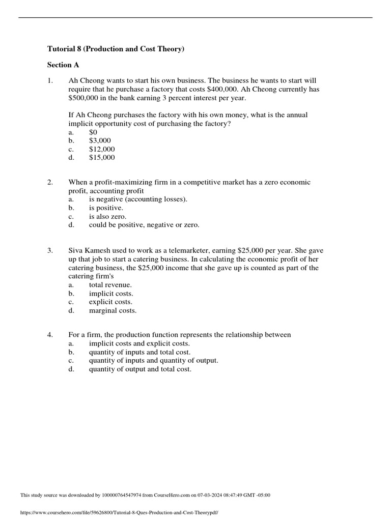 Production and Cost Theory Tutorial | PDF | Average Cost | Marginal Cost