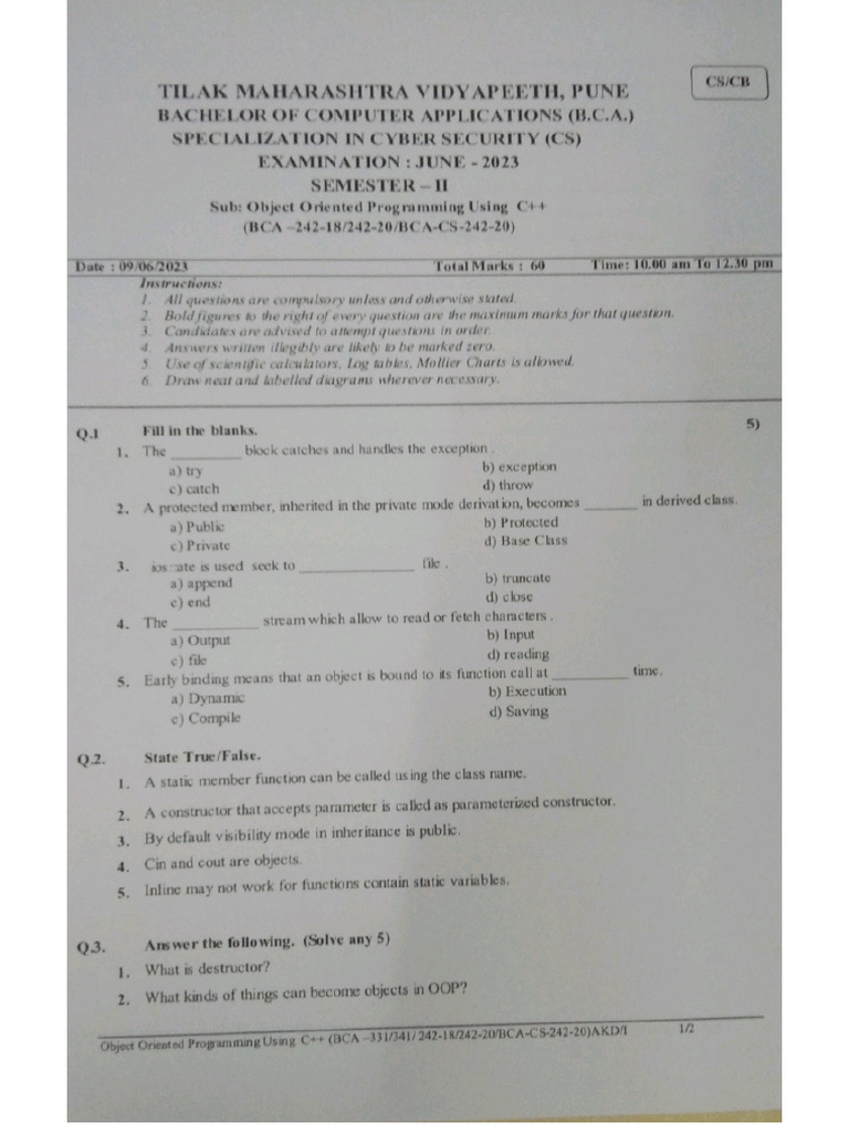 C++ Question Paper | PDF
