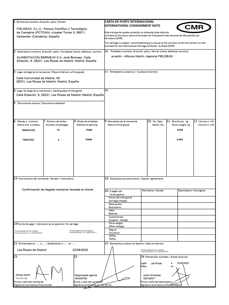 eCMR Ejemplo | PDF