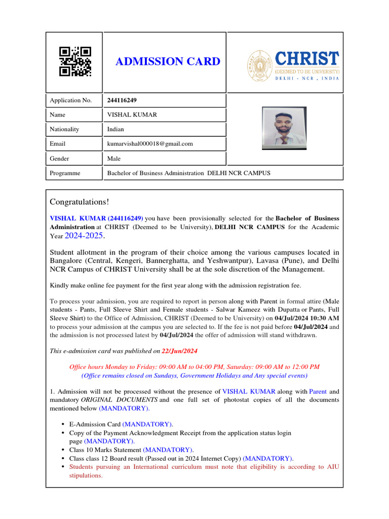 BBA Admission Card 2024 - Christ University | PDF | Fee