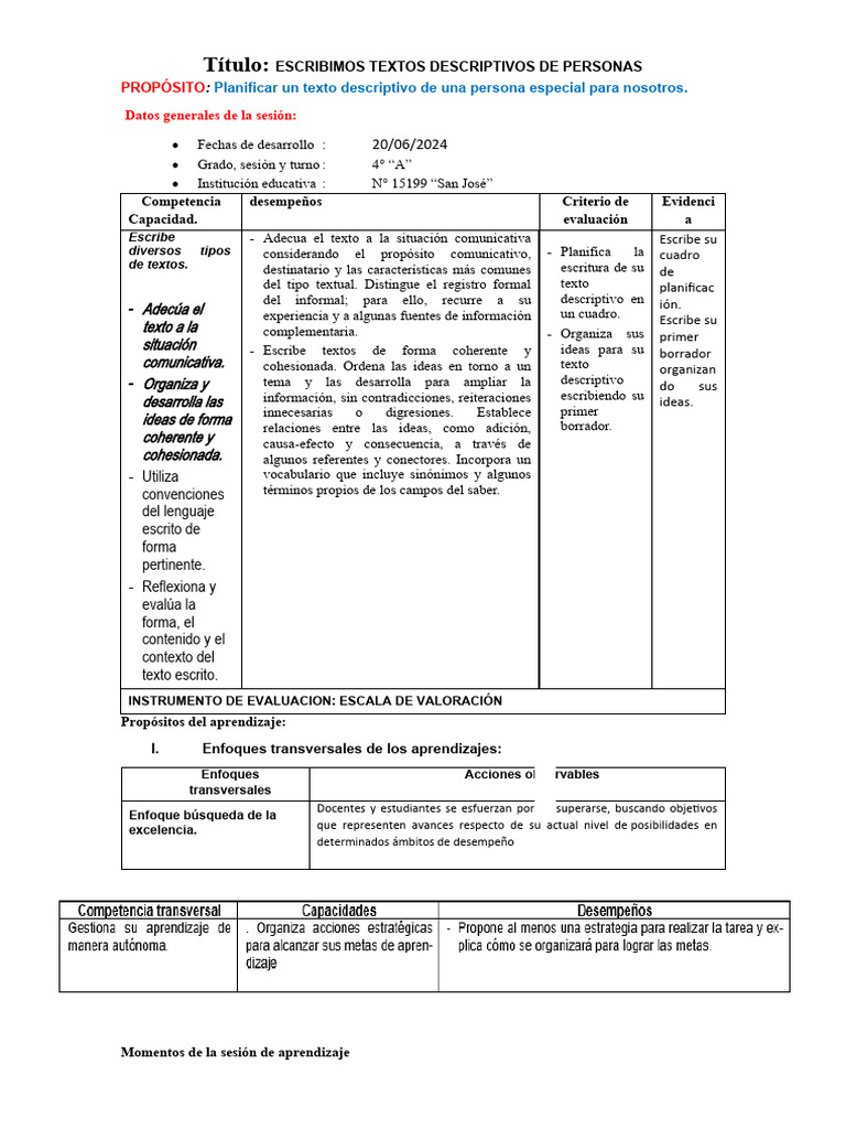 Escribimos Texto Descrptivo 20 06 Pdf Evaluación Aprendizaje
