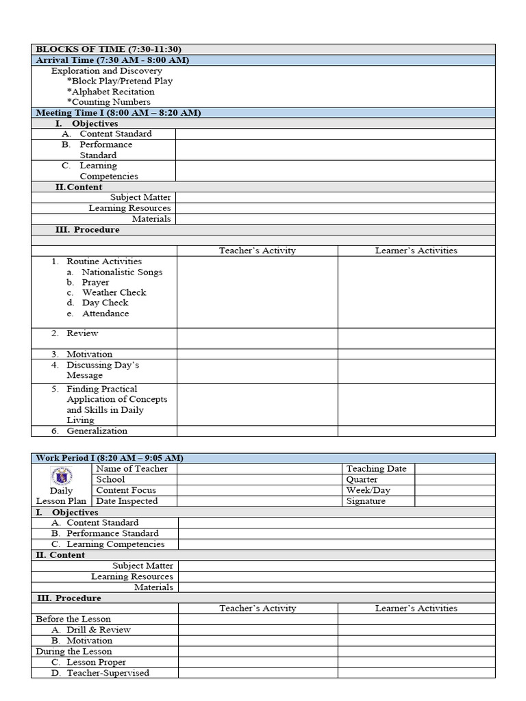 Lesson Plan Format For Kindergarten | PDF | Learning | Teachers