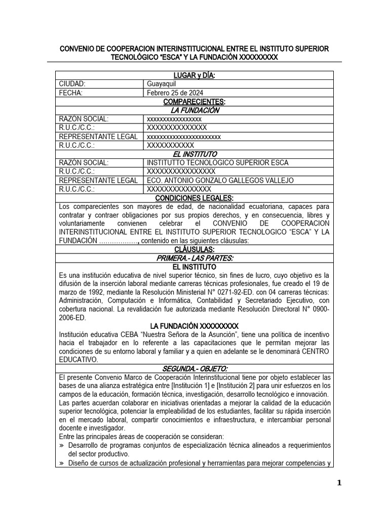 Modelo De Convenio Interinstitucional Esca 2024 1 Pdf Mediación