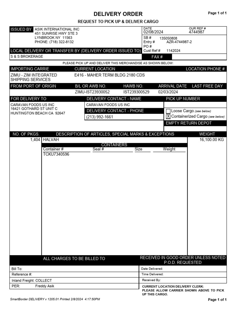 Delivery Order for Cargo Pickup | PDF | Cargo | Supply Chain Management